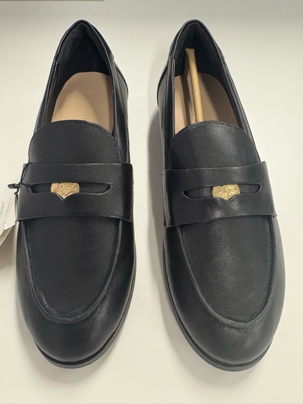 Black Leather Women's Loafers with Gold Accent